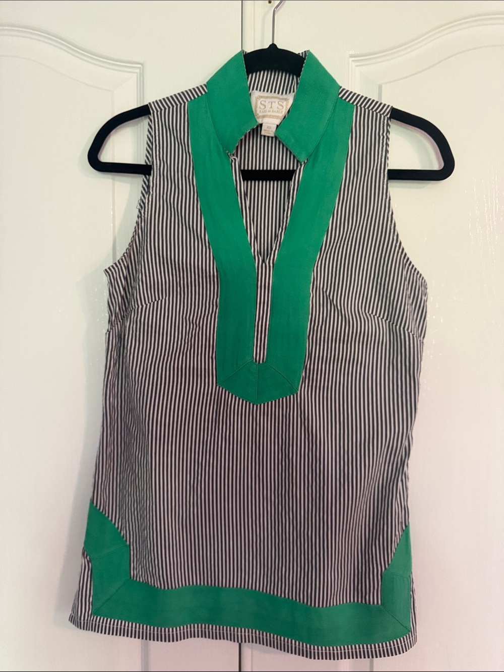 Sail to Sable Black & White Pinstripe Sleeveless Top with Green Trim